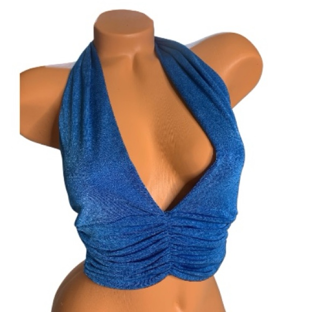 Slinky tie neck ruched Blue Halter Neck Crop Top Y2K small